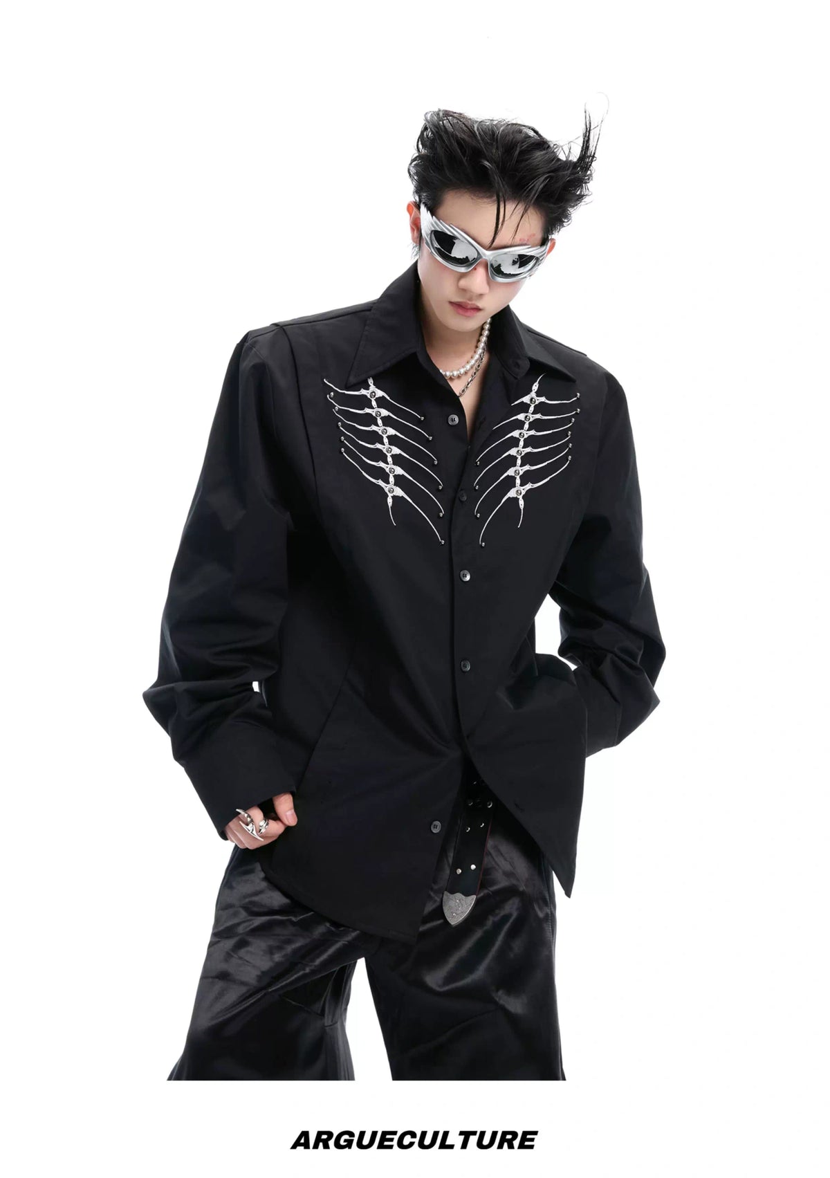 Embroidered Bone Motif Shirt | Relaxed Cotton Button-Up - description image 8