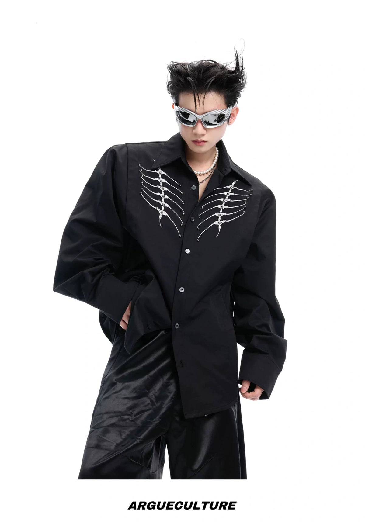 Embroidered Bone Motif Shirt | Relaxed Cotton Button-Up - description image 9