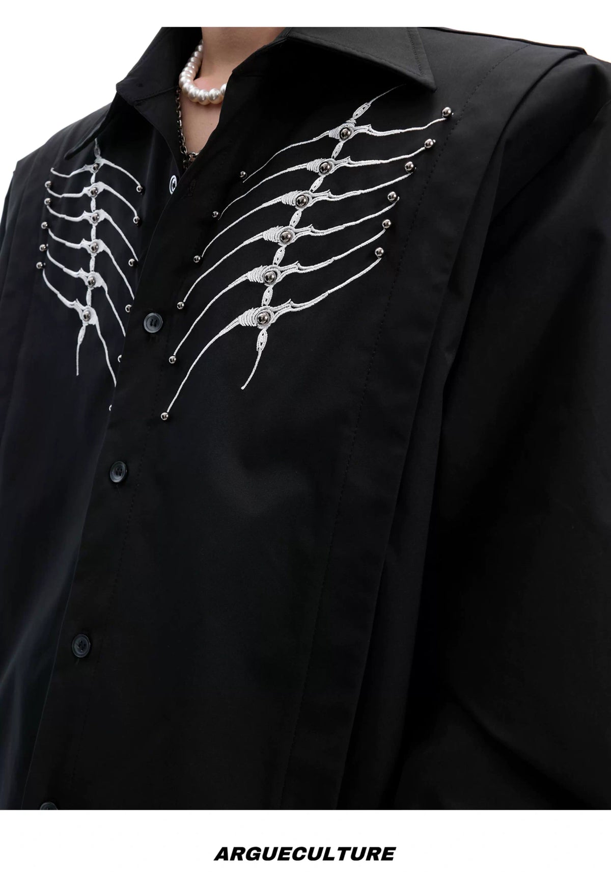 Embroidered Bone Motif Shirt | Relaxed Cotton Button-Up - description image 12