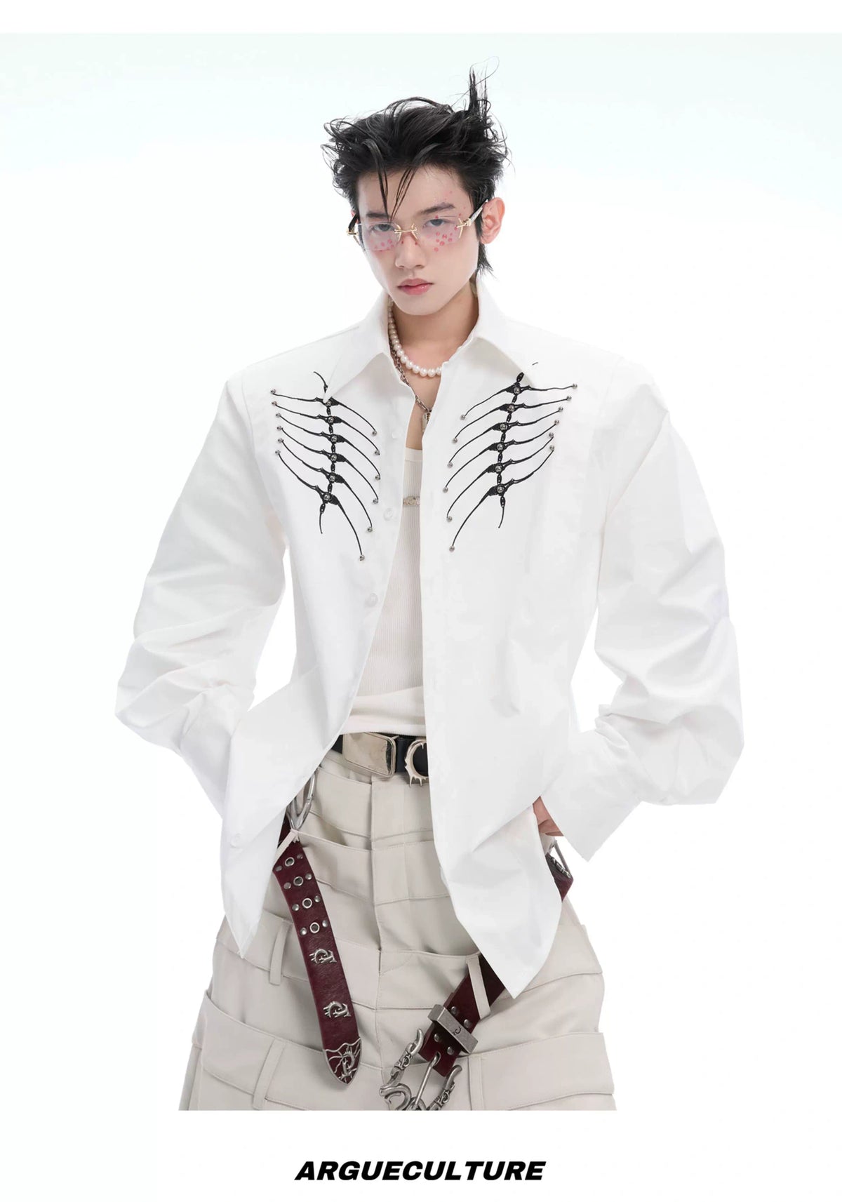 Embroidered Bone Motif Shirt | Relaxed Cotton Button-Up - description image 15