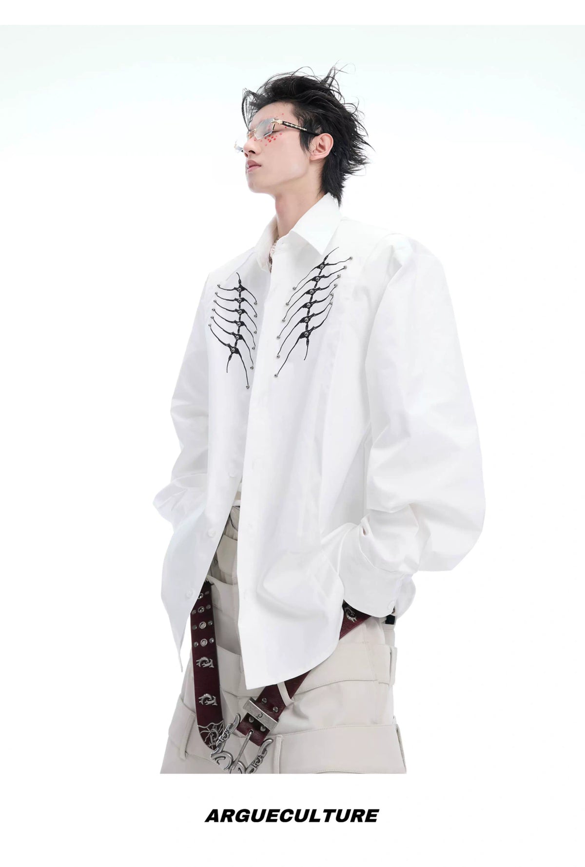 Embroidered Bone Motif Shirt | Relaxed Cotton Button-Up - description image 16