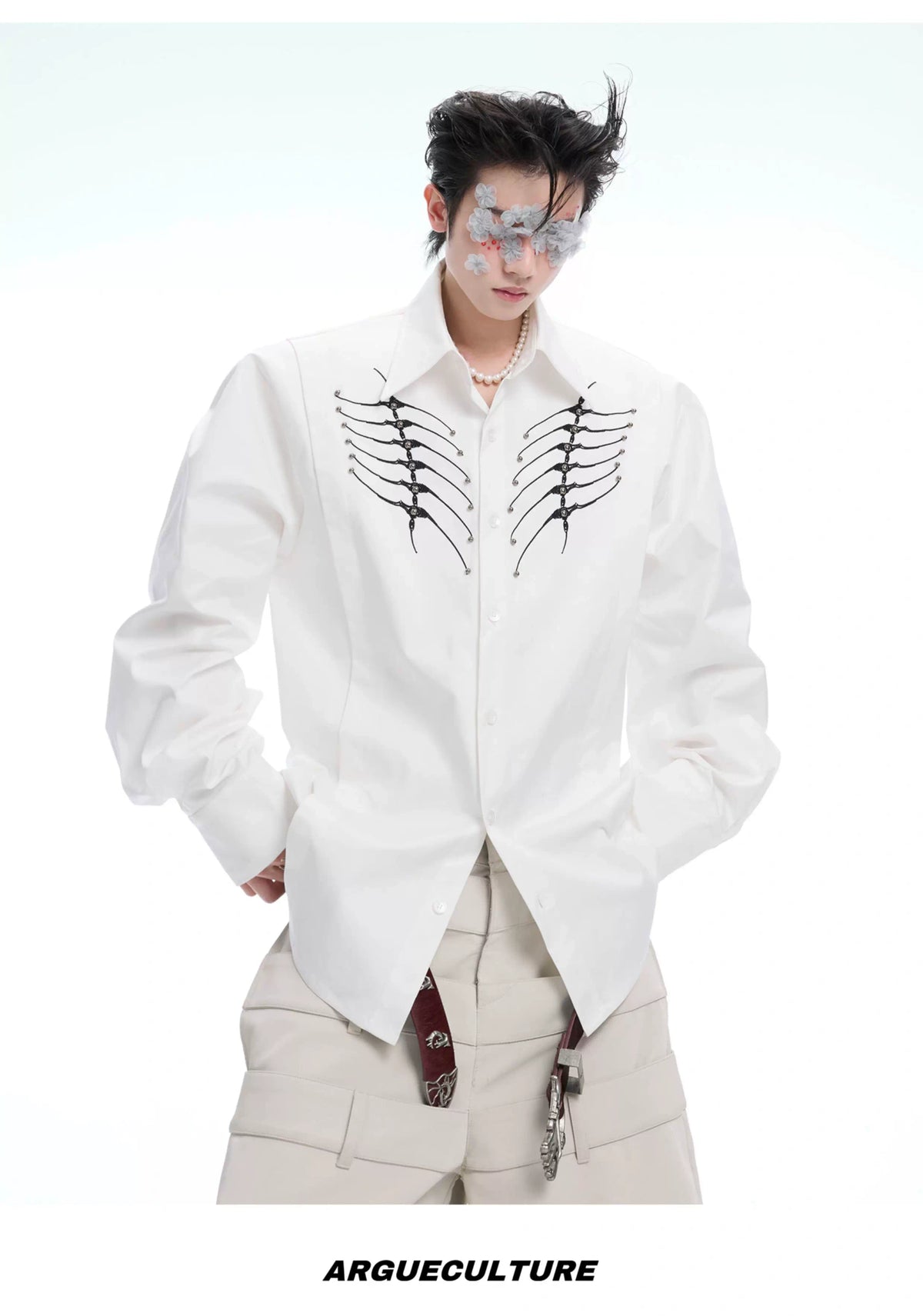 Embroidered Bone Motif Shirt | Relaxed Cotton Button-Up - description image 17