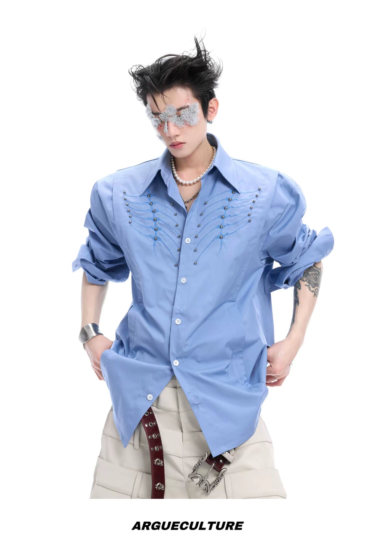 Embroidered Bone Motif Shirt | Relaxed Cotton Button-Up - description image 22