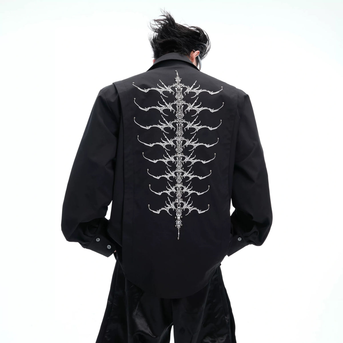 Embroidered Bone Motif Shirt | Relaxed Cotton Button-Up - main image 3