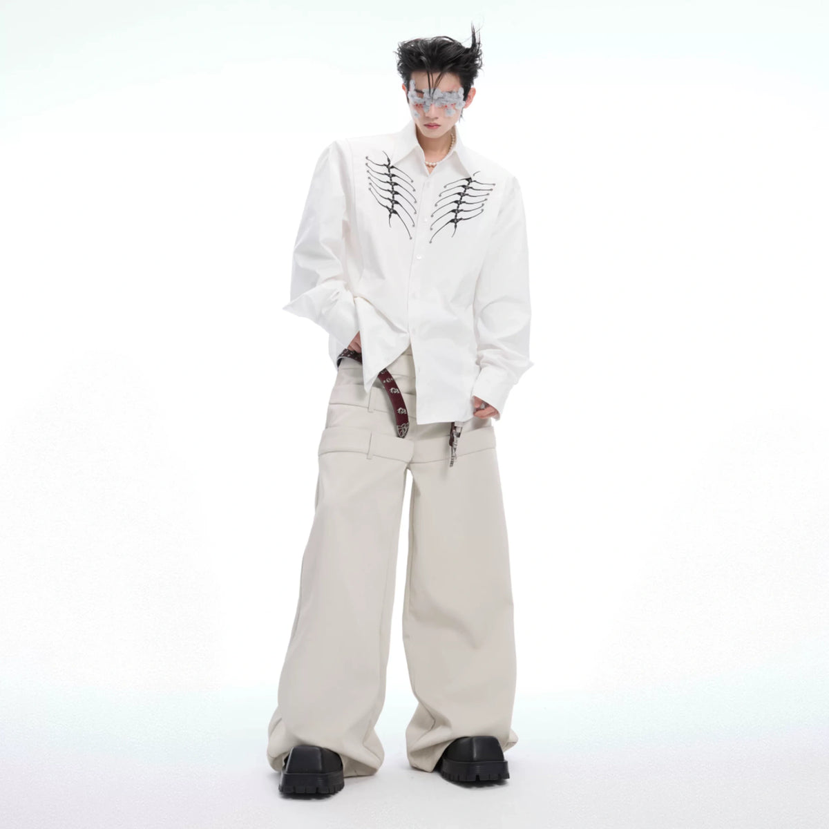 Embroidered Bone Motif Shirt | Relaxed Cotton Button-Up - main image 4