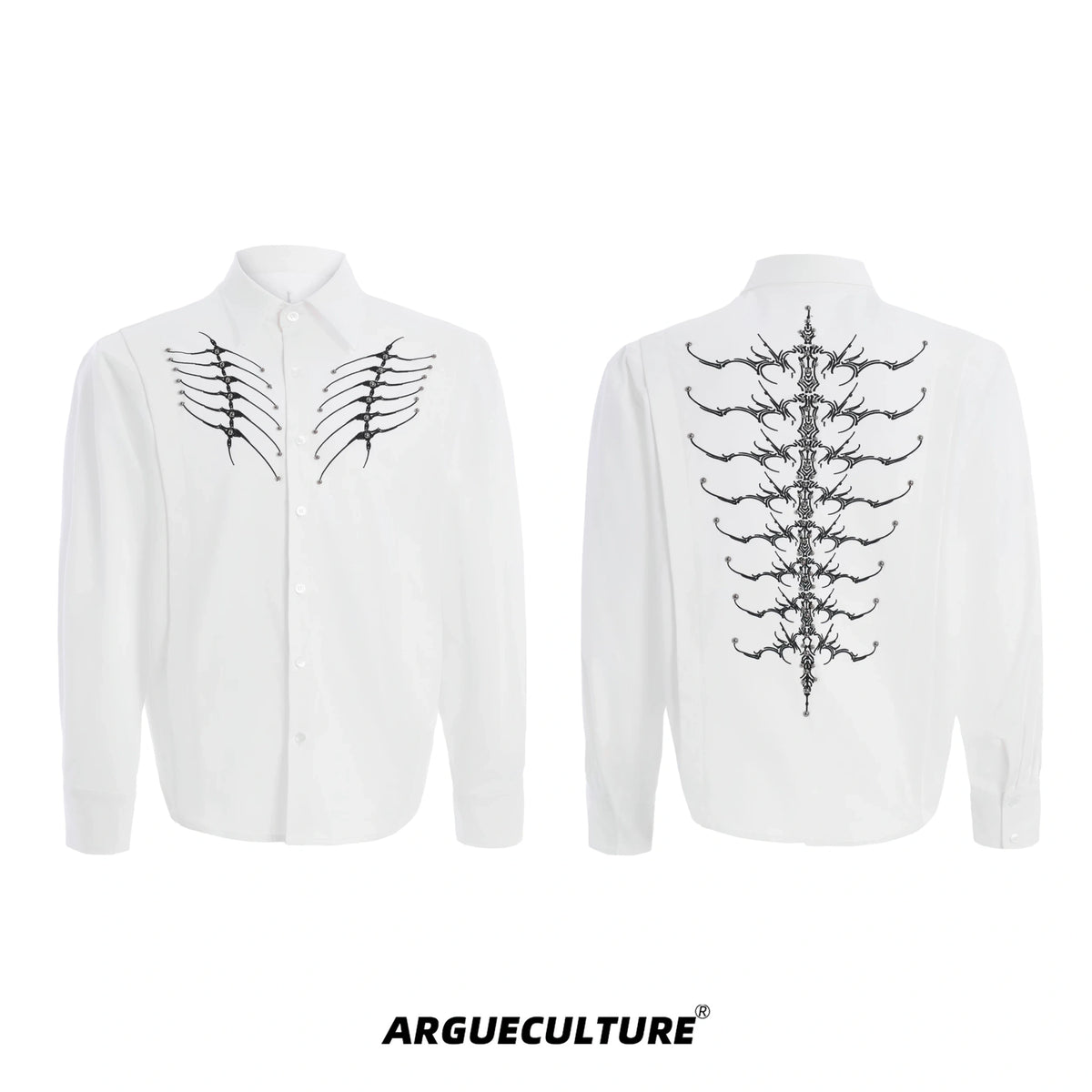 Embroidered Bone Motif Shirt | Relaxed Cotton Button-Up - White