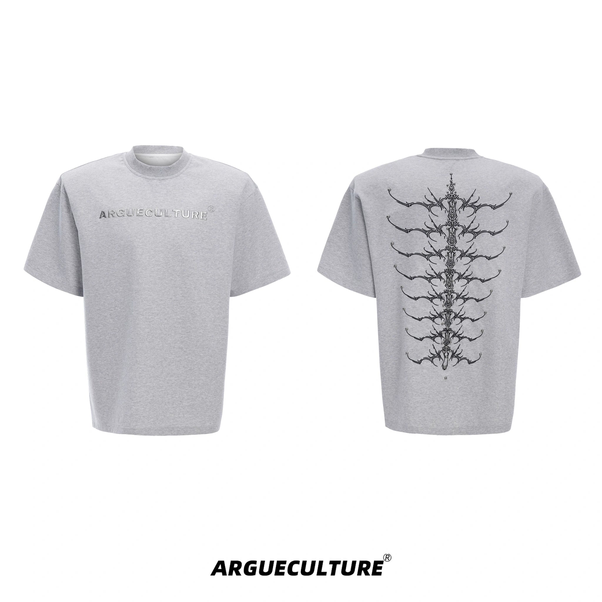 Embroidered Spine Graphic Cotton T-Shirt - Gray T-Shirt