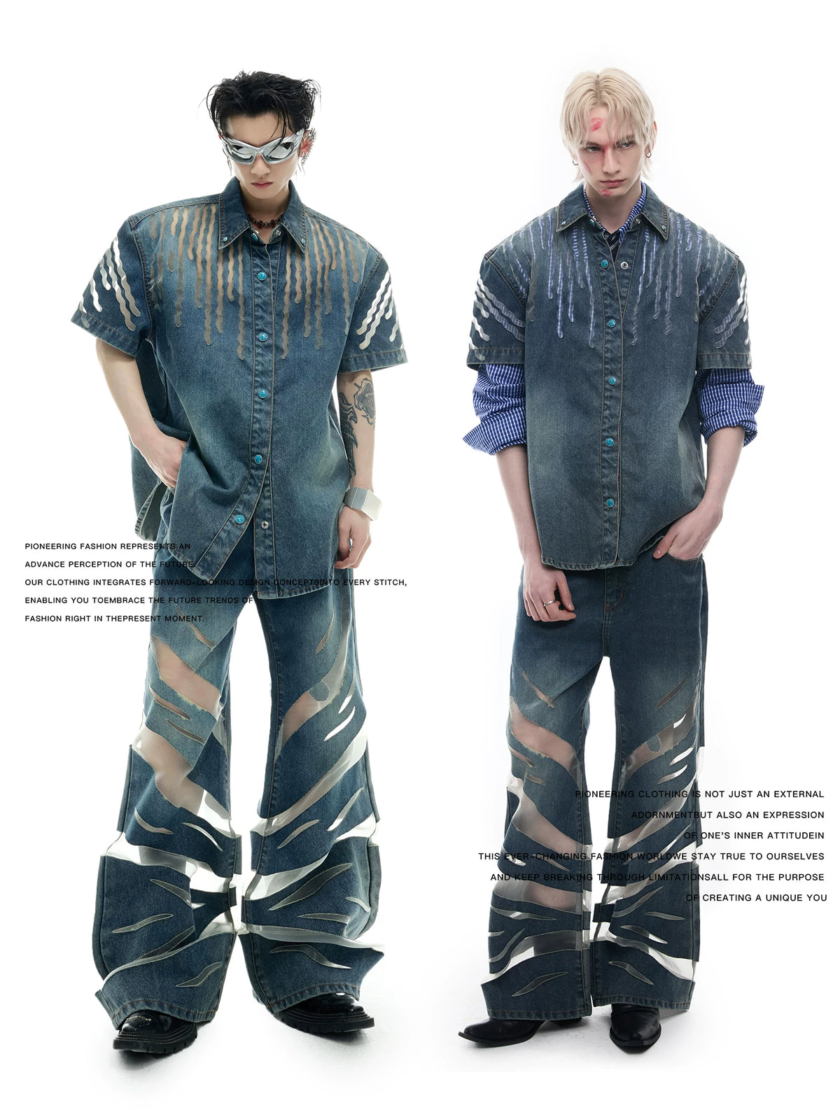 Short-Sleeve Mesh-Panel Denim Jacket in Blue - description image 2