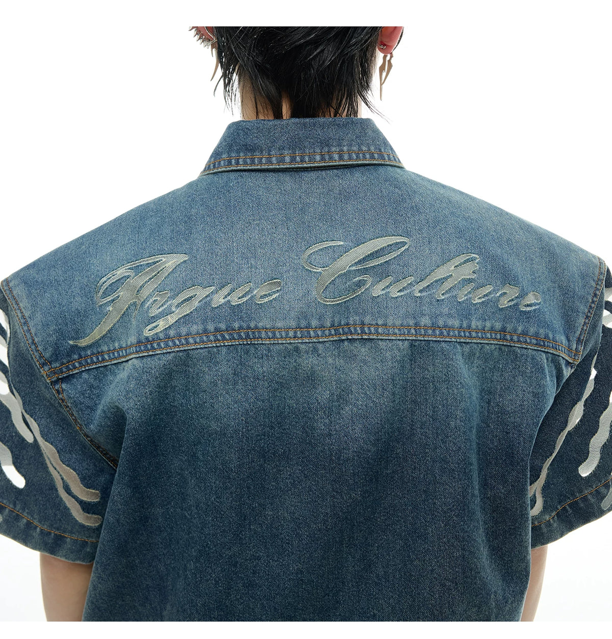 Short-Sleeve Mesh-Panel Denim Jacket in Blue - description image 4