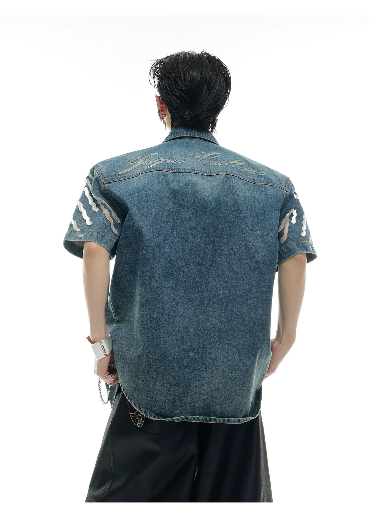 Short-Sleeve Mesh-Panel Denim Jacket in Blue - description image 5