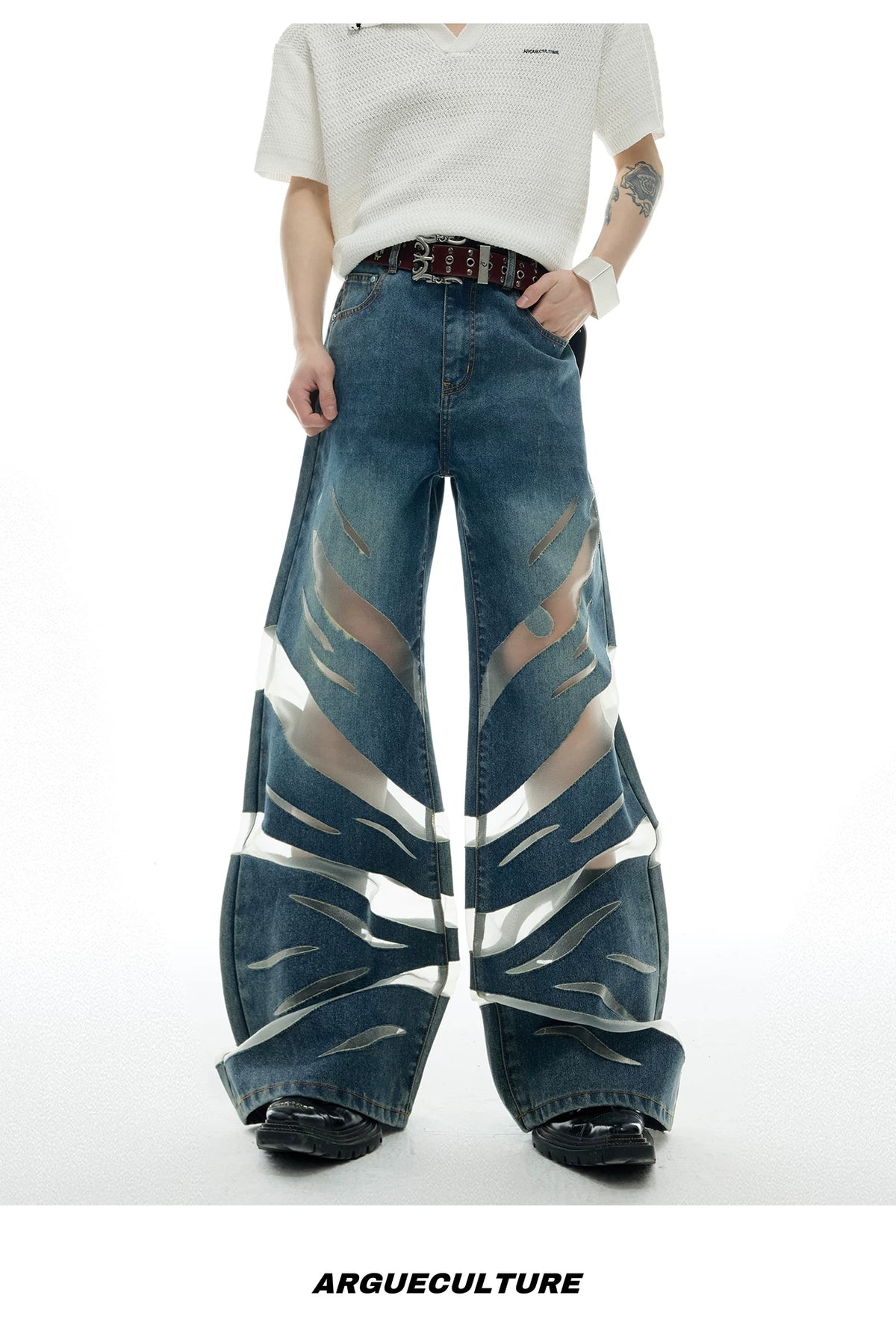 Short-Sleeve Mesh-Panel Denim Jacket in Blue - description image 9