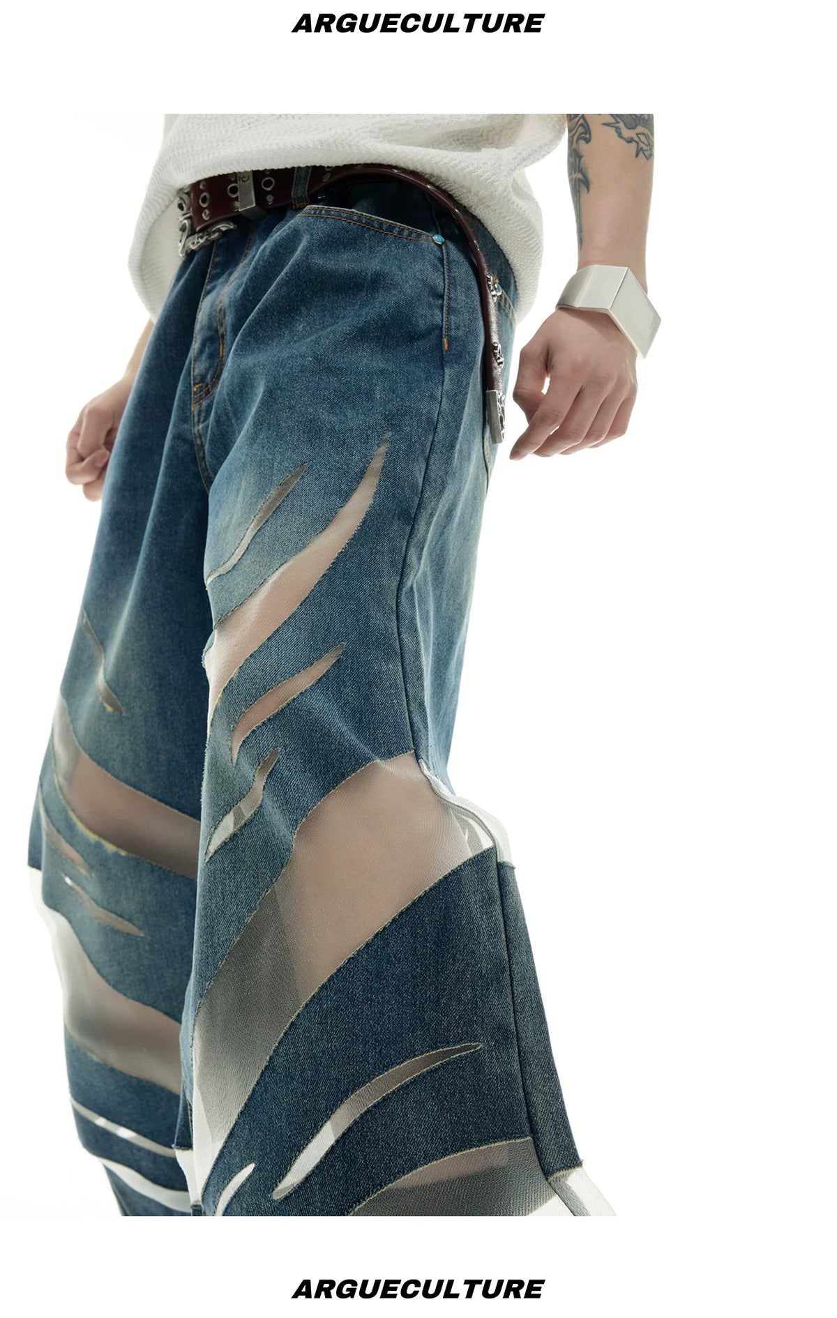 Short-Sleeve Mesh-Panel Denim Jacket in Blue - description image 11