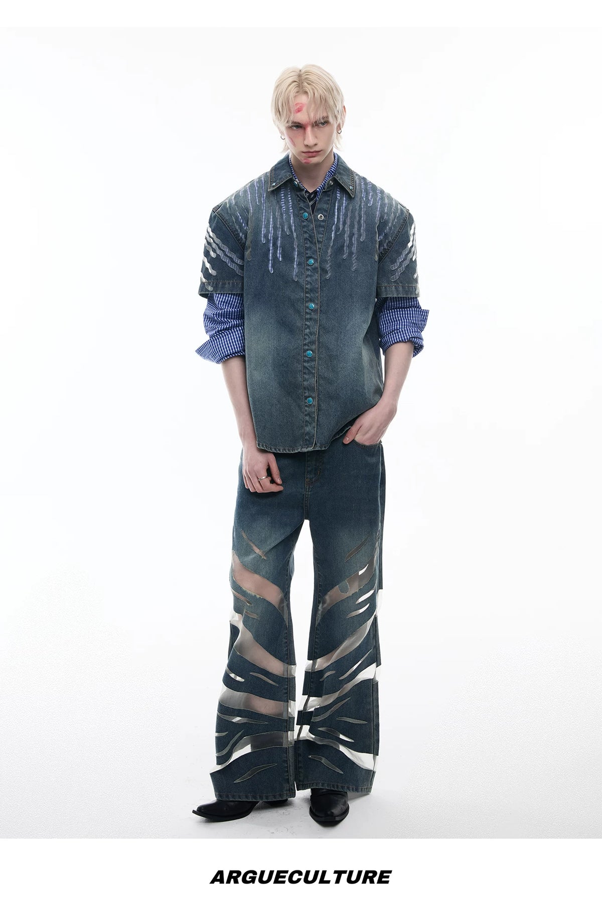 Short-Sleeve Mesh-Panel Denim Jacket in Blue - description image 12