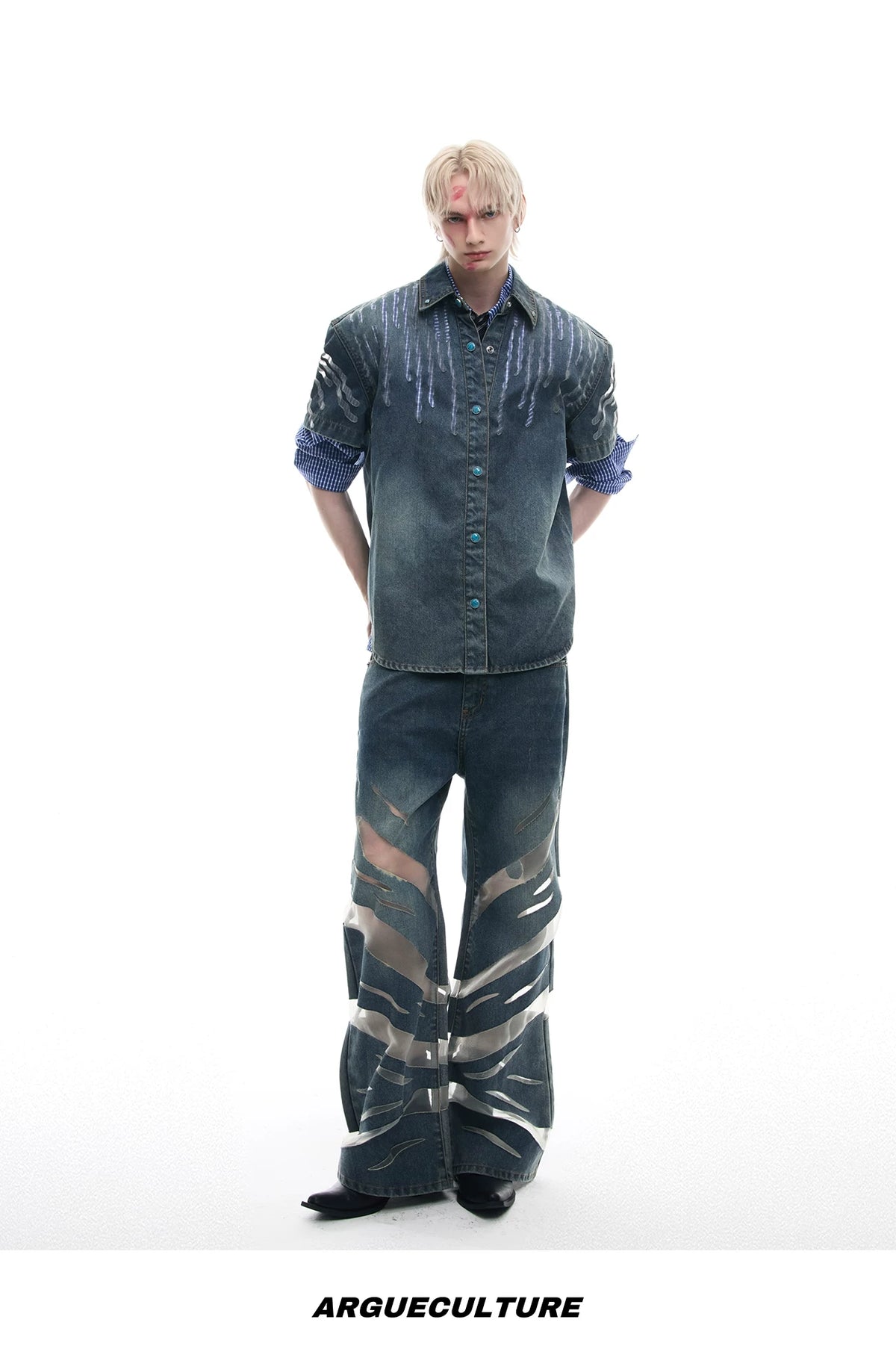 Short-Sleeve Mesh-Panel Denim Jacket in Blue - description image 13