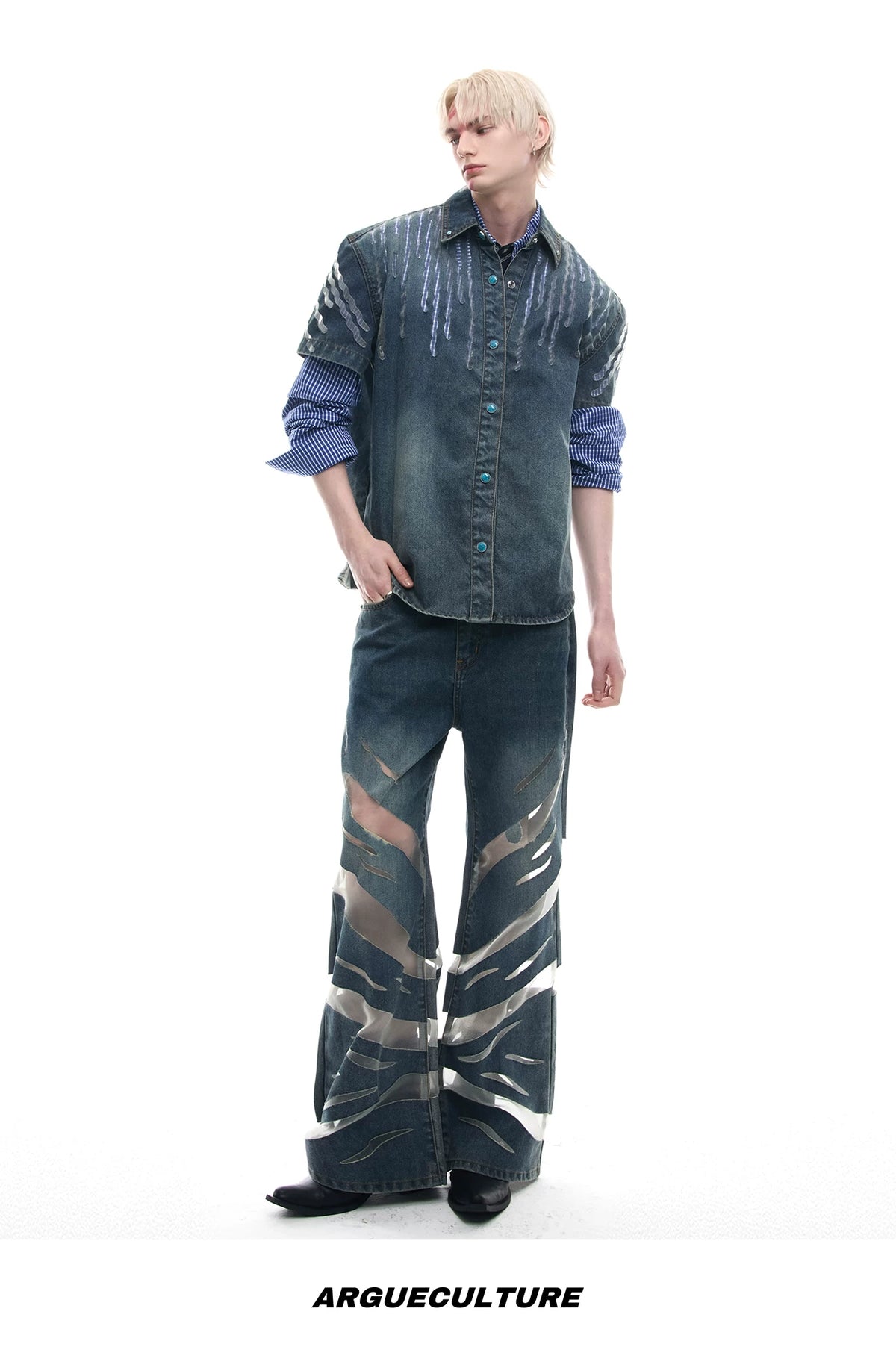 Short-Sleeve Mesh-Panel Denim Jacket in Blue - description image 14