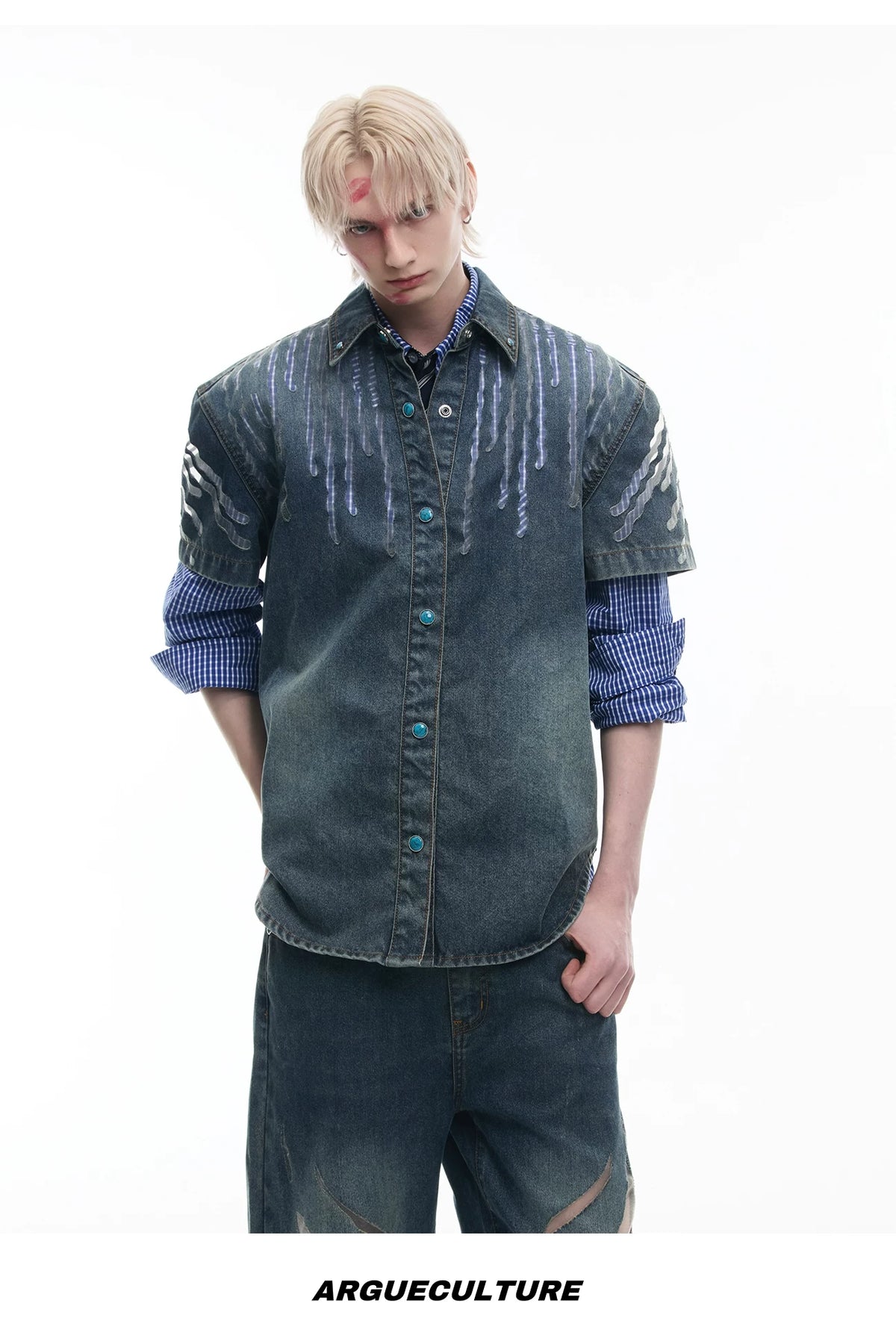Short-Sleeve Mesh-Panel Denim Jacket in Blue - description image 15