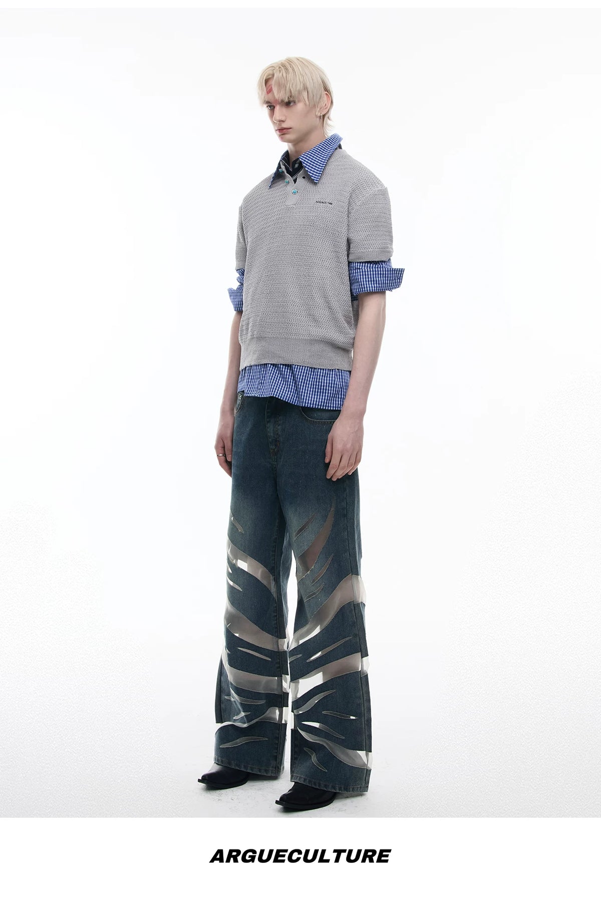 Short-Sleeve Mesh-Panel Denim Jacket in Blue - description image 17