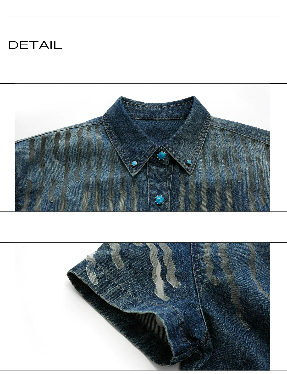 Short-Sleeve Mesh-Panel Denim Jacket in Blue - description image 18