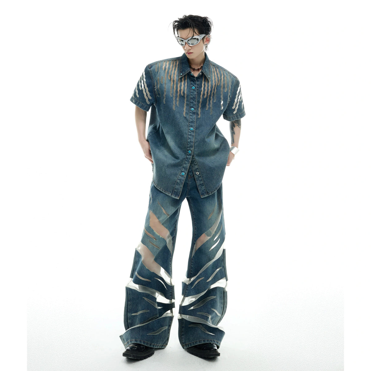 Short-Sleeve Mesh-Panel Denim Jacket in Blue - main image 1