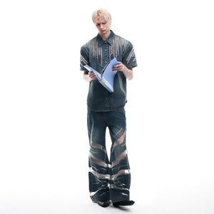 Short-Sleeve Mesh-Panel Denim Jacket in Blue - main image 4