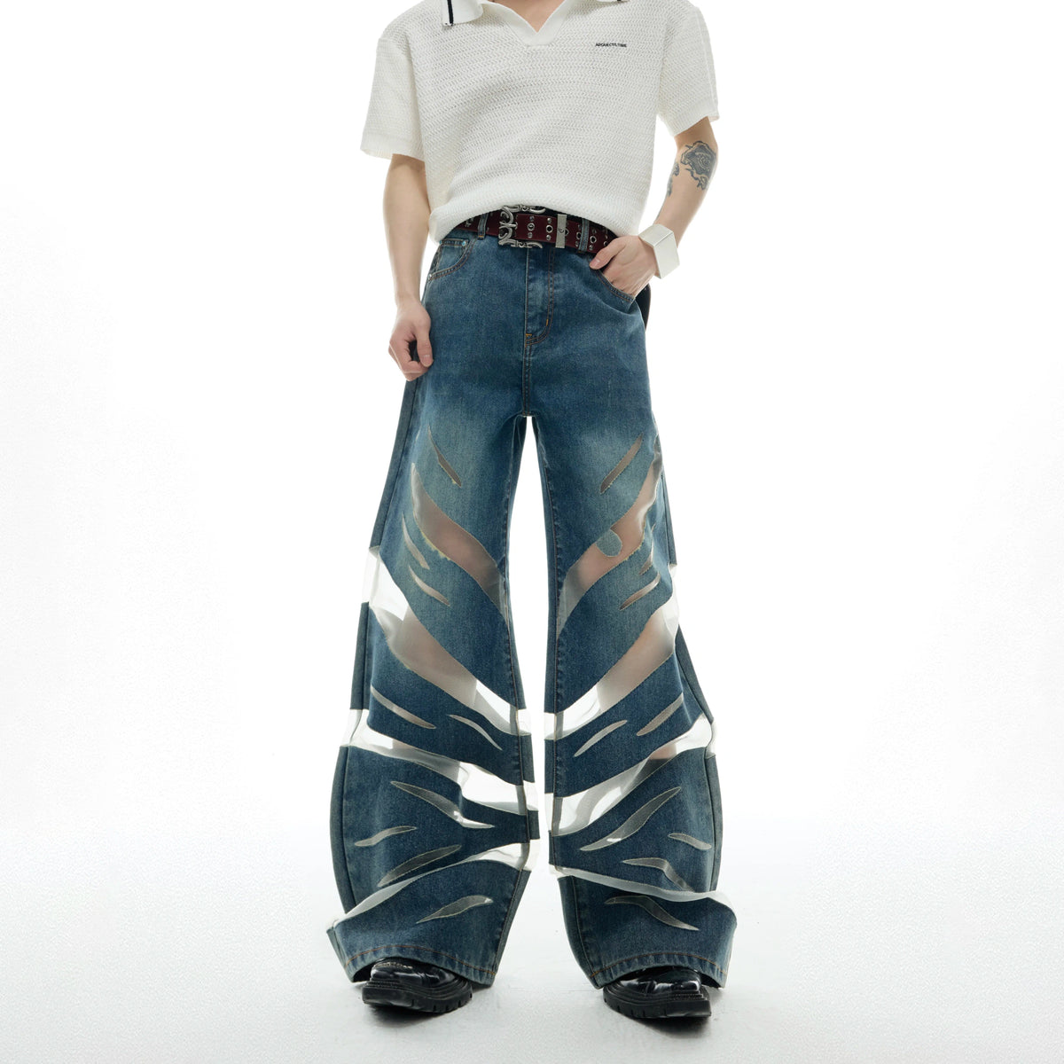 Short-Sleeve Mesh-Panel Denim Jacket in Blue - main image 5