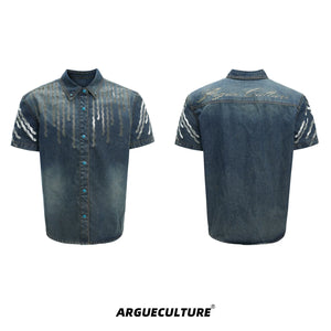 Short-Sleeve Mesh-Panel Denim Jacket in Blue - Blue Jacket