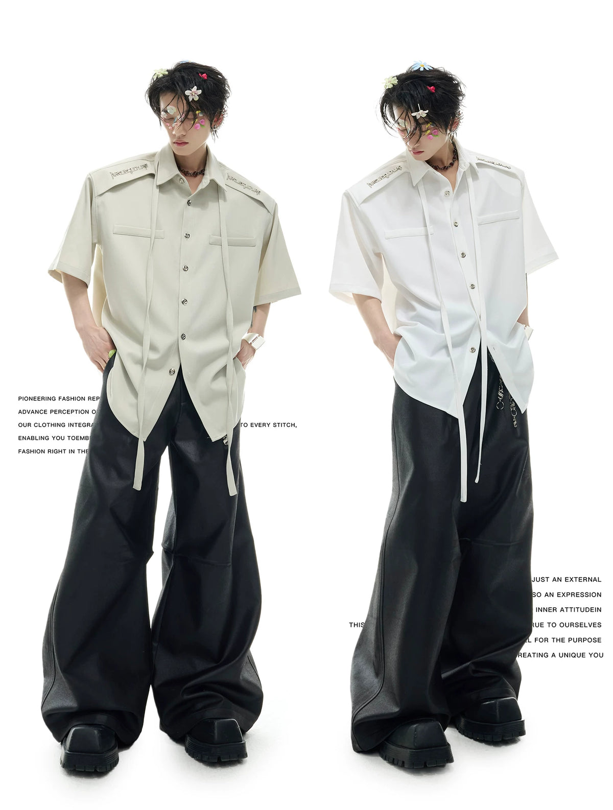 Oversized Short-Sleeve Shirt with Detachable Ribbon Detail - description image 2