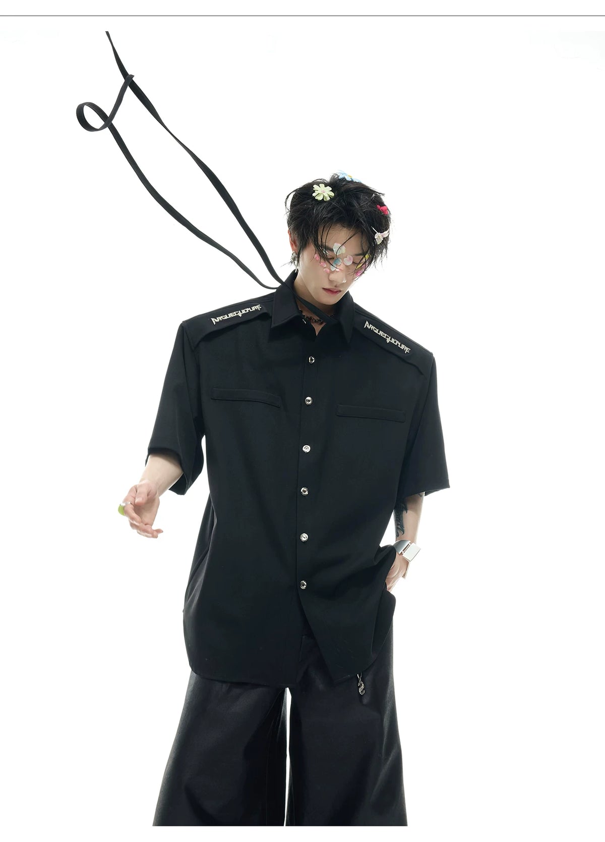 Oversized Short-Sleeve Shirt with Detachable Ribbon Detail - description image 3