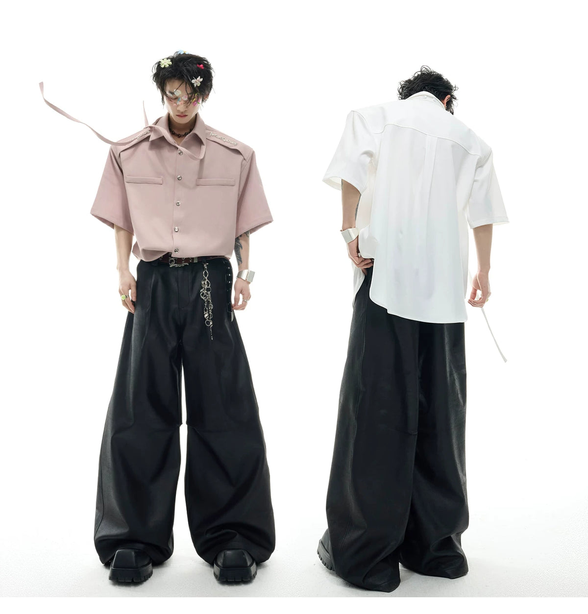 Oversized Short-Sleeve Shirt with Detachable Ribbon Detail - description image 4