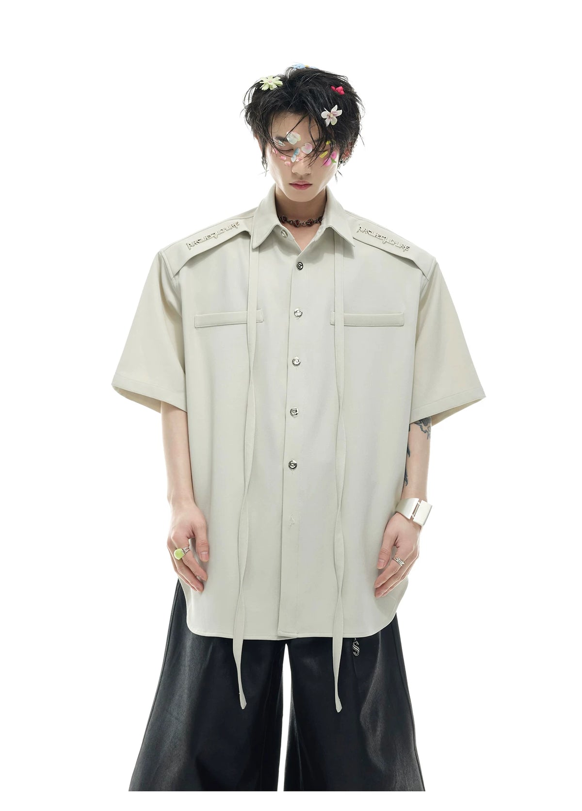Oversized Short-Sleeve Shirt with Detachable Ribbon Detail - description image 5