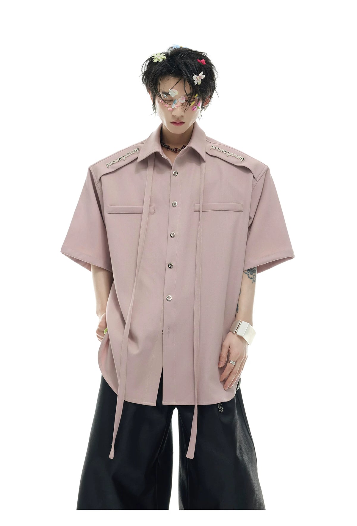 Oversized Short-Sleeve Shirt with Detachable Ribbon Detail - description image 6