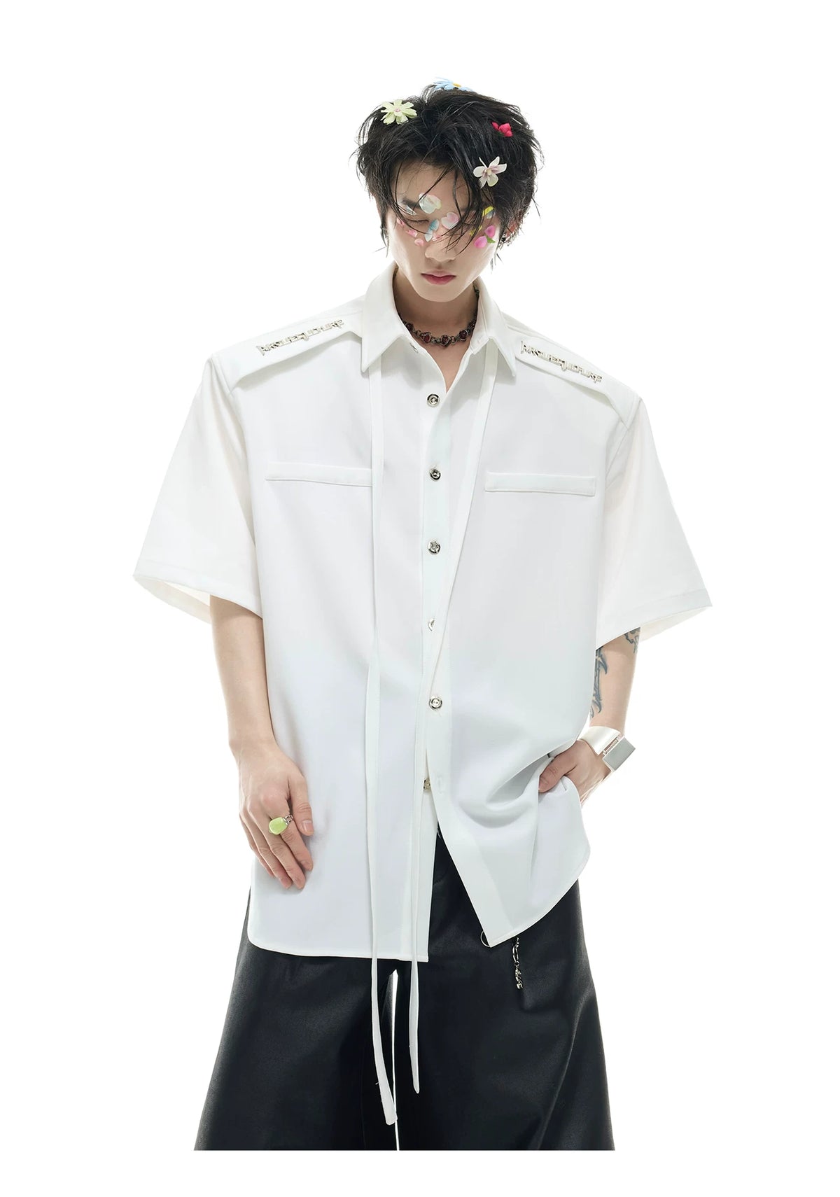 Oversized Short-Sleeve Shirt with Detachable Ribbon Detail - description image 7