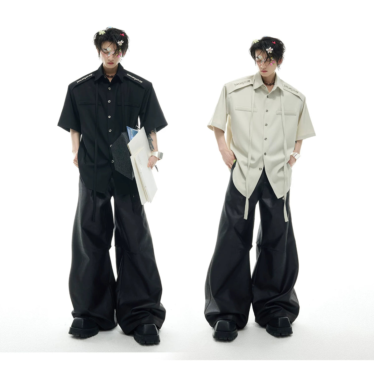 Oversized Short-Sleeve Shirt with Detachable Ribbon Detail - description image 8