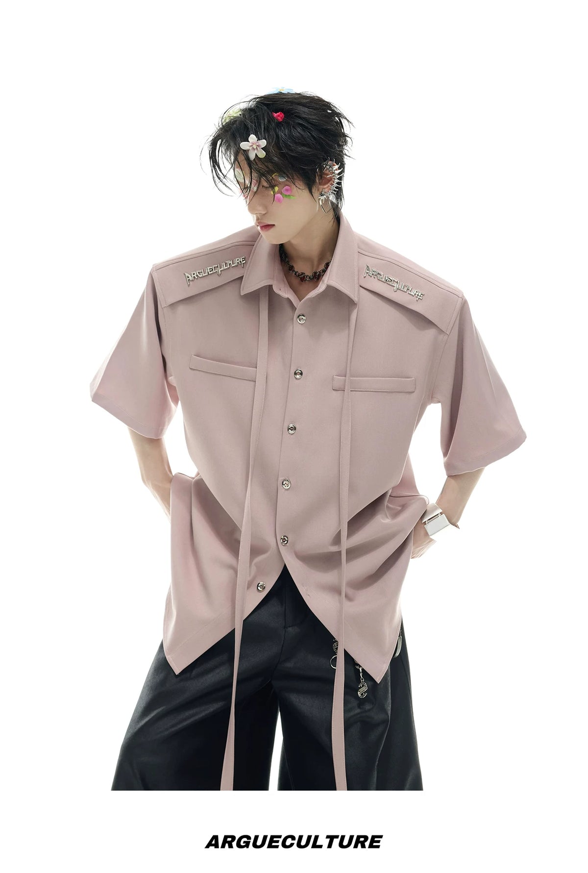 Oversized Short-Sleeve Shirt with Detachable Ribbon Detail - description image 9