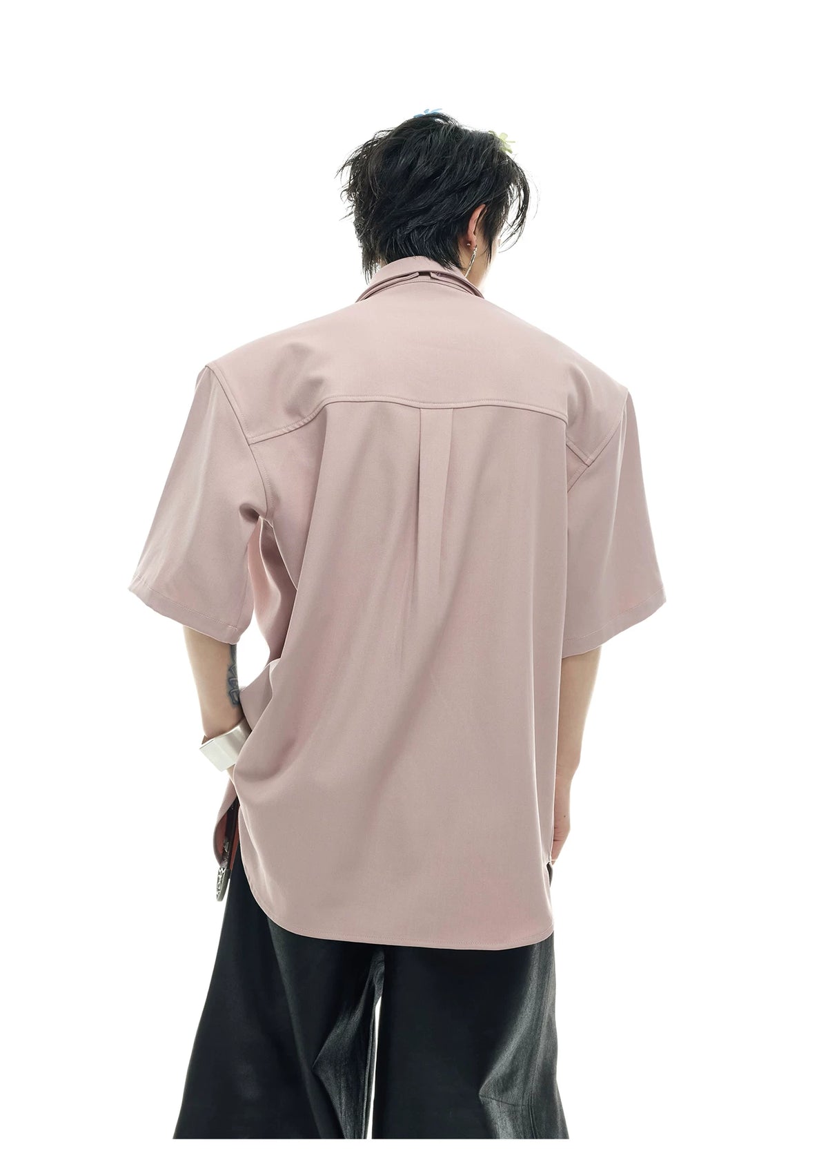 Oversized Short-Sleeve Shirt with Detachable Ribbon Detail - description image 10