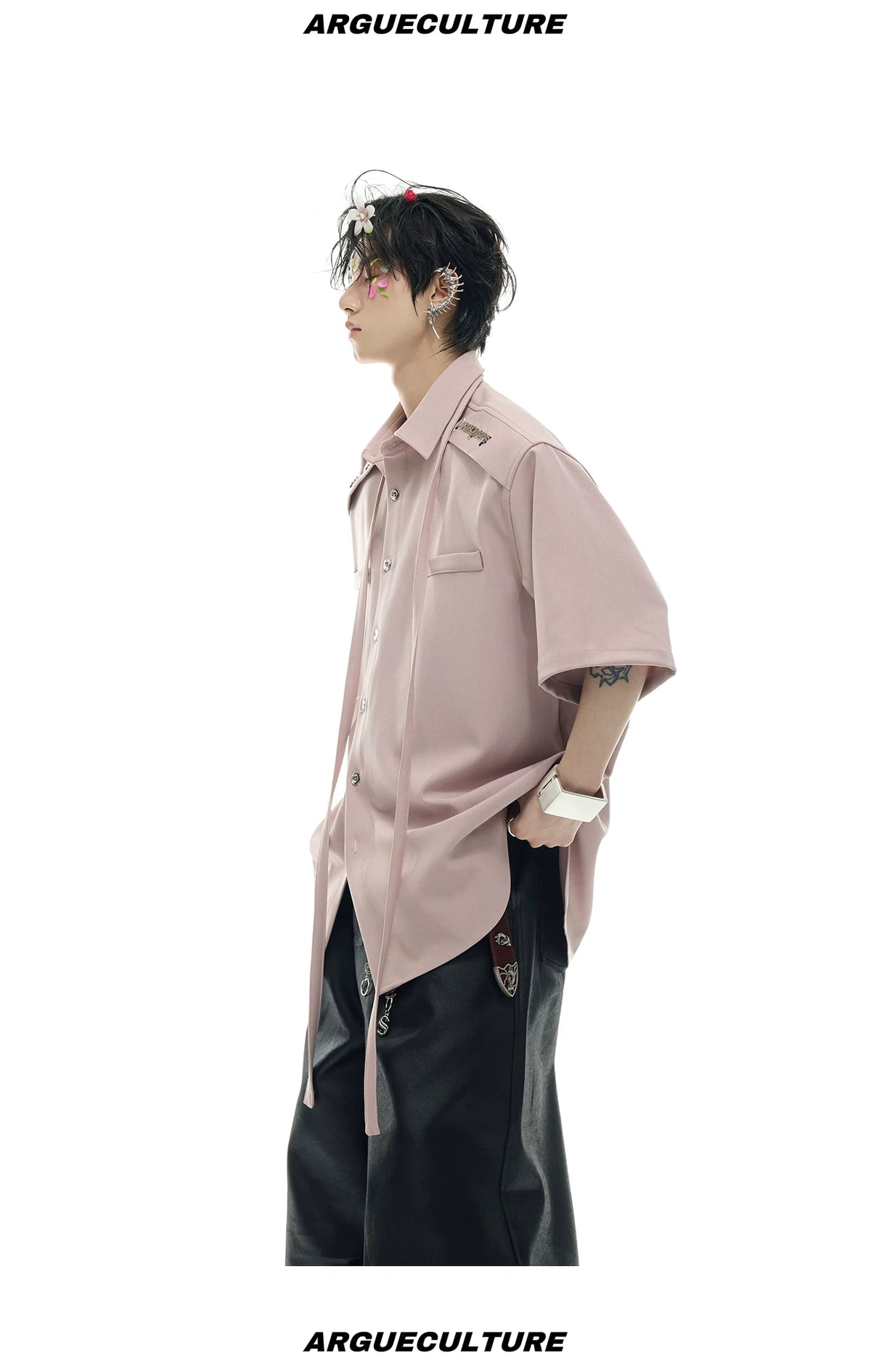 Oversized Short-Sleeve Shirt with Detachable Ribbon Detail - description image 11
