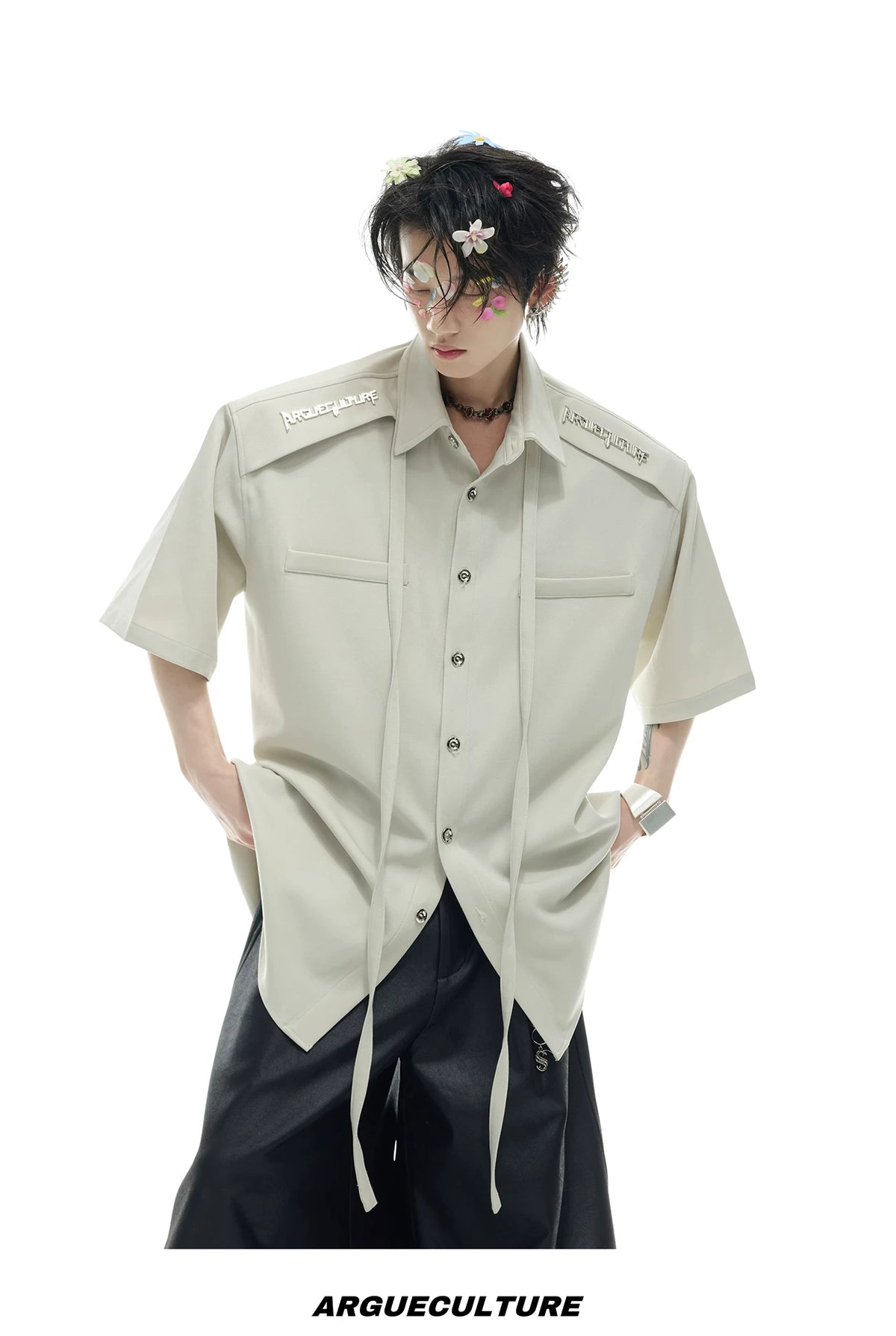 Oversized Short-Sleeve Shirt with Detachable Ribbon Detail - description image 12