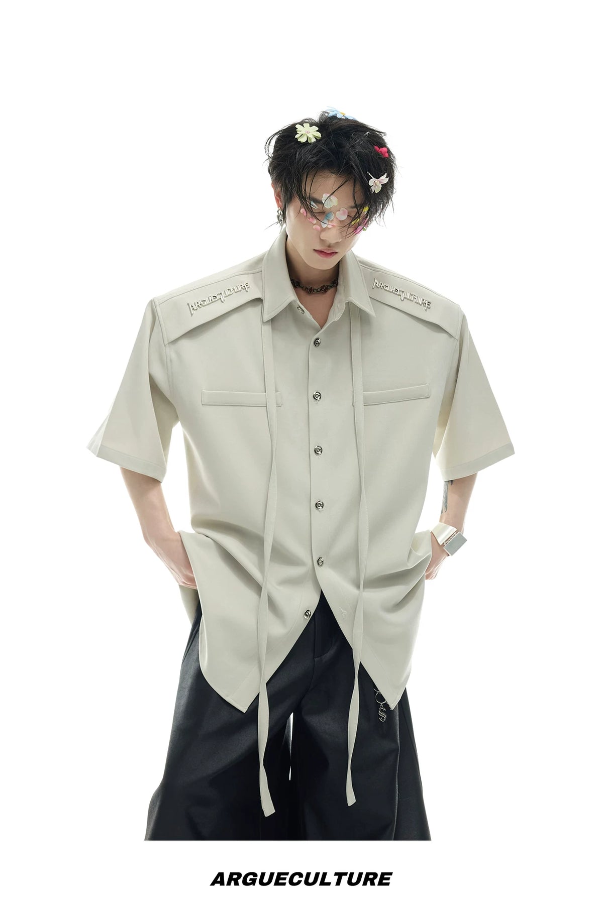Oversized Short-Sleeve Shirt with Detachable Ribbon Detail - description image 13