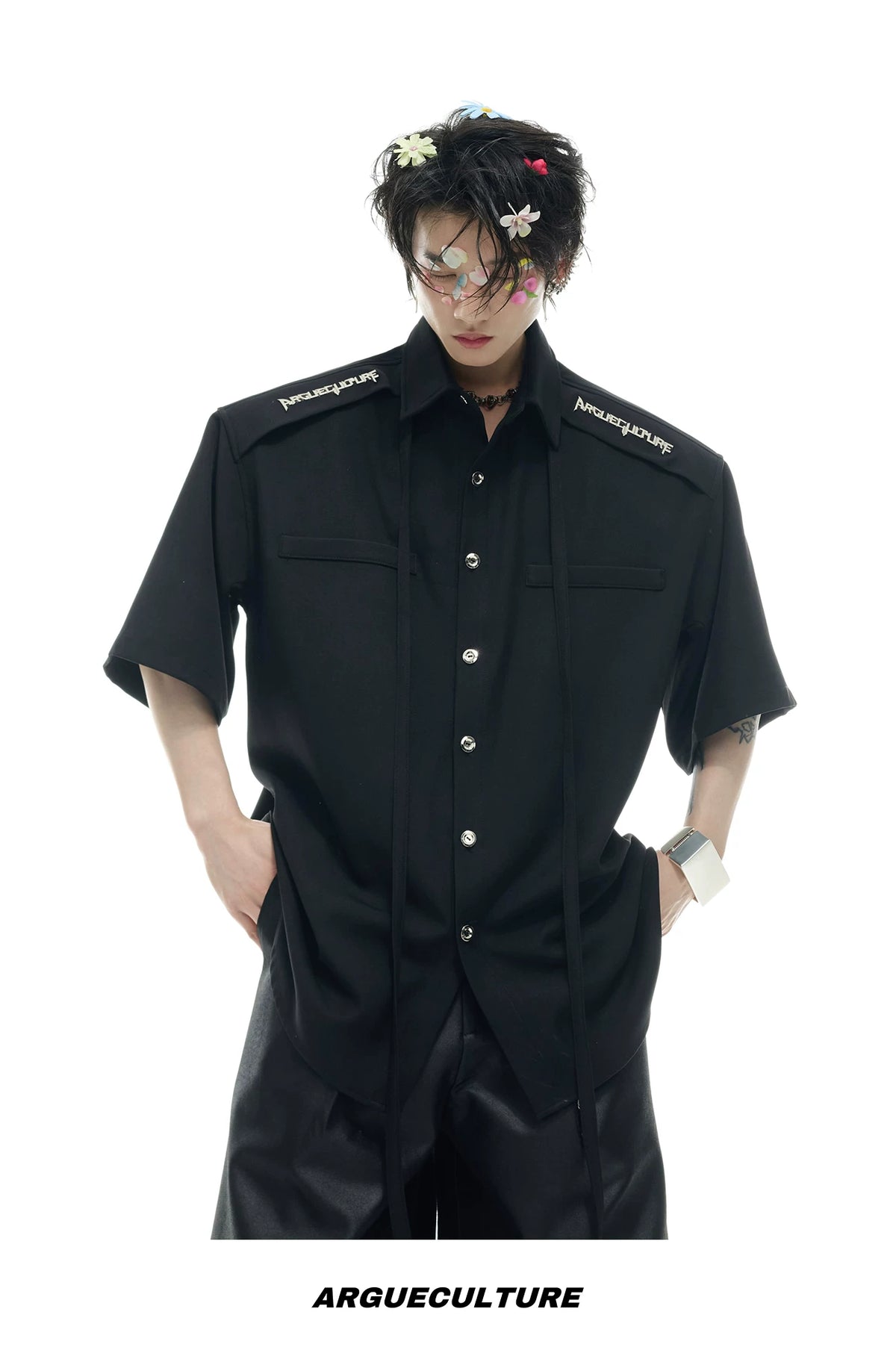Oversized Short-Sleeve Shirt with Detachable Ribbon Detail - description image 14