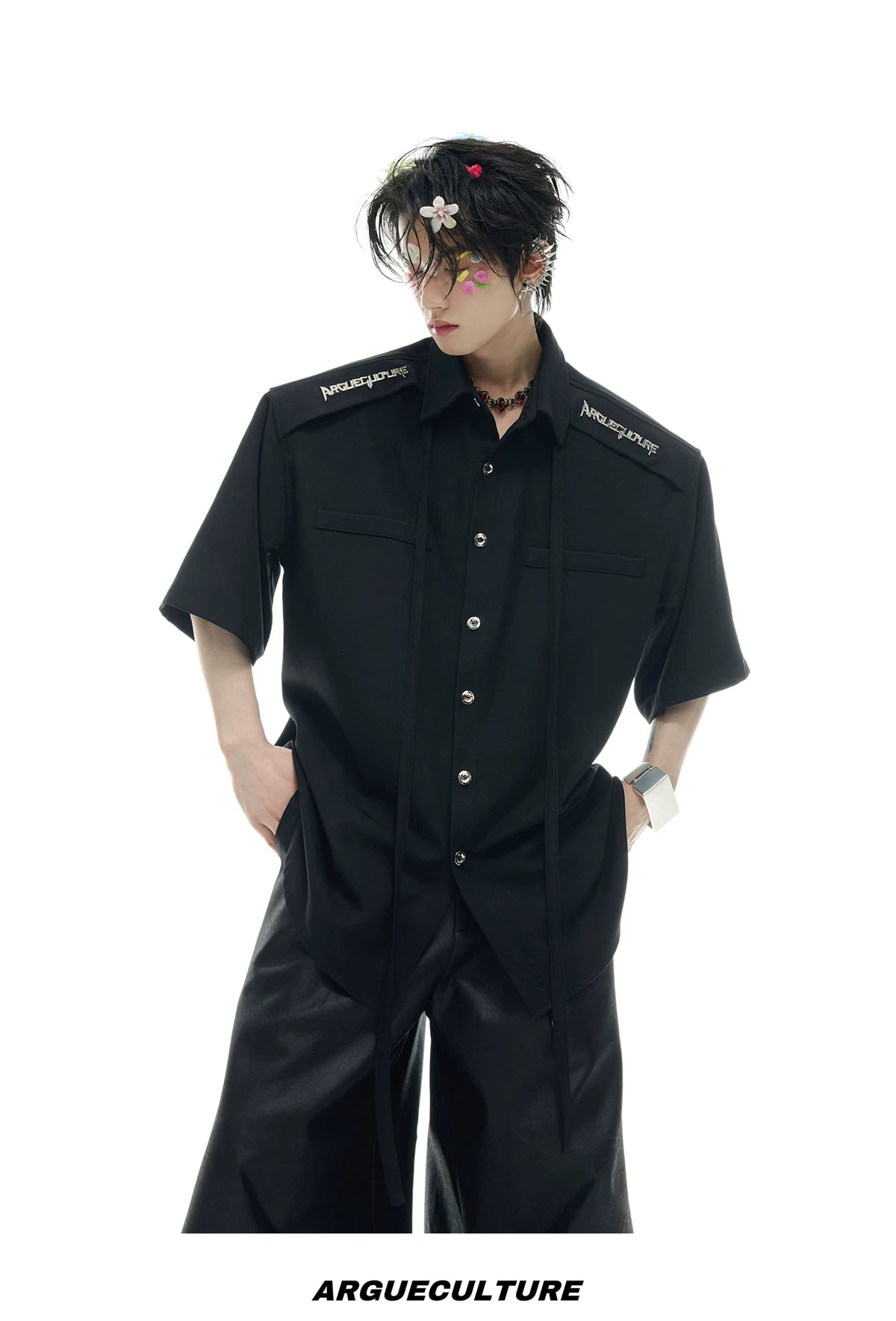 Oversized Short-Sleeve Shirt with Detachable Ribbon Detail - description image 15