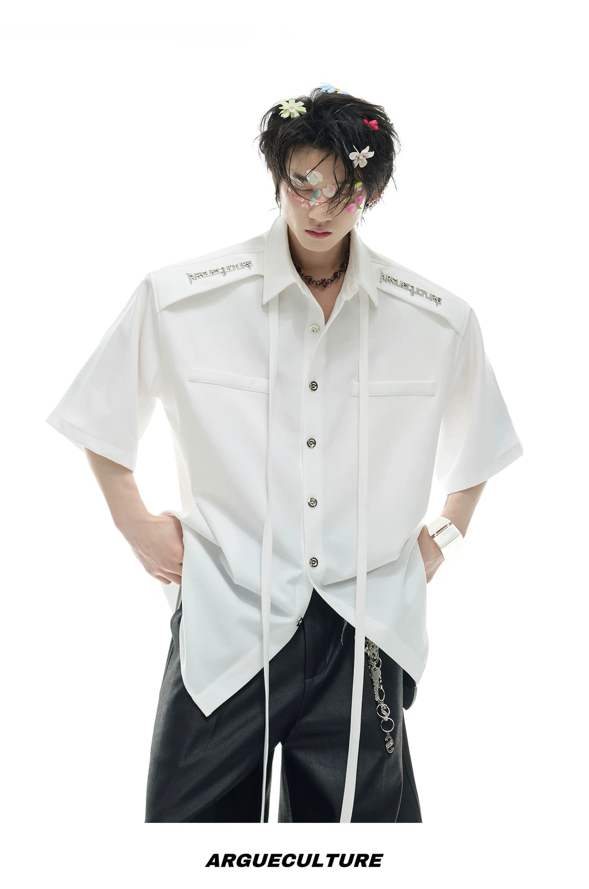 Oversized Short-Sleeve Shirt with Detachable Ribbon Detail - description image 16