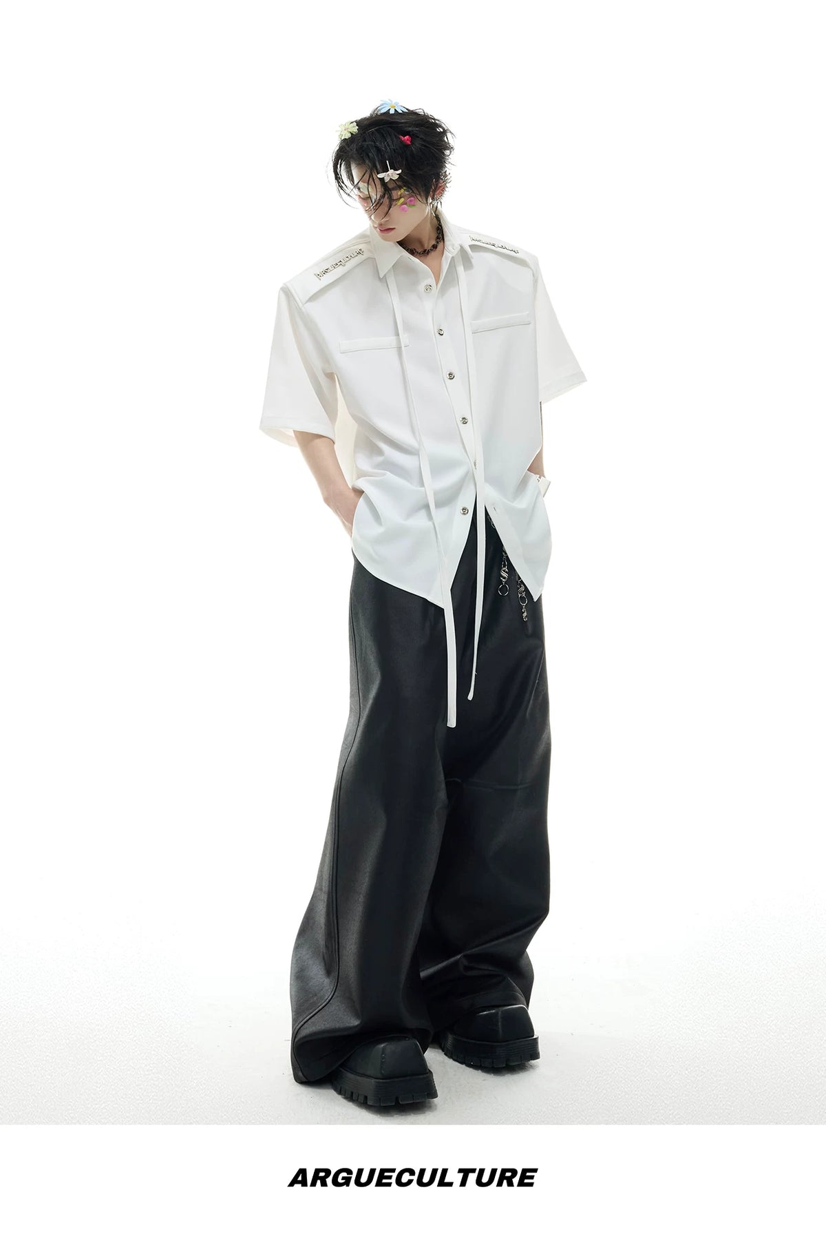 Oversized Short-Sleeve Shirt with Detachable Ribbon Detail - description image 17