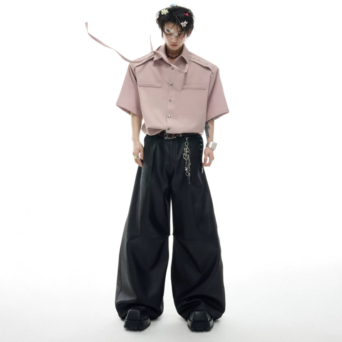 Oversized Short-Sleeve Shirt with Detachable Ribbon Detail - main image 5