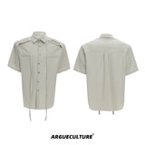 Oversized Short-Sleeve Shirt with Detachable Ribbon Detail - Beige