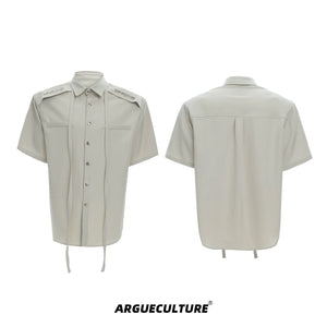 Oversized Short-Sleeve Shirt with Detachable Ribbon Detail - Beige