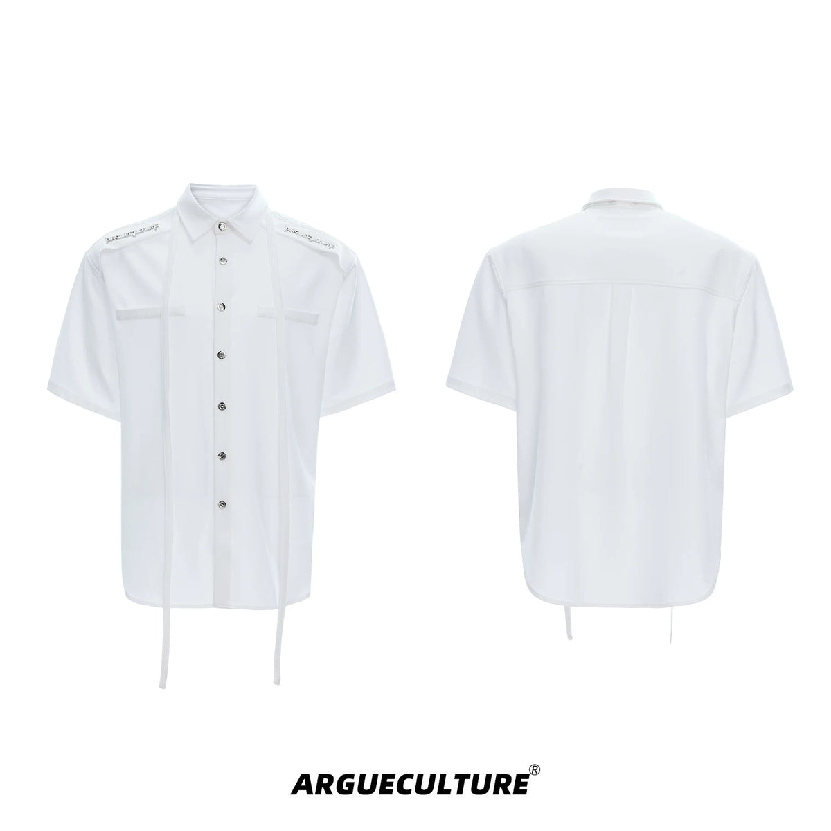 Oversized Short-Sleeve Shirt with Detachable Ribbon Detail - White