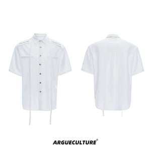 Oversized Short-Sleeve Shirt with Detachable Ribbon Detail - White