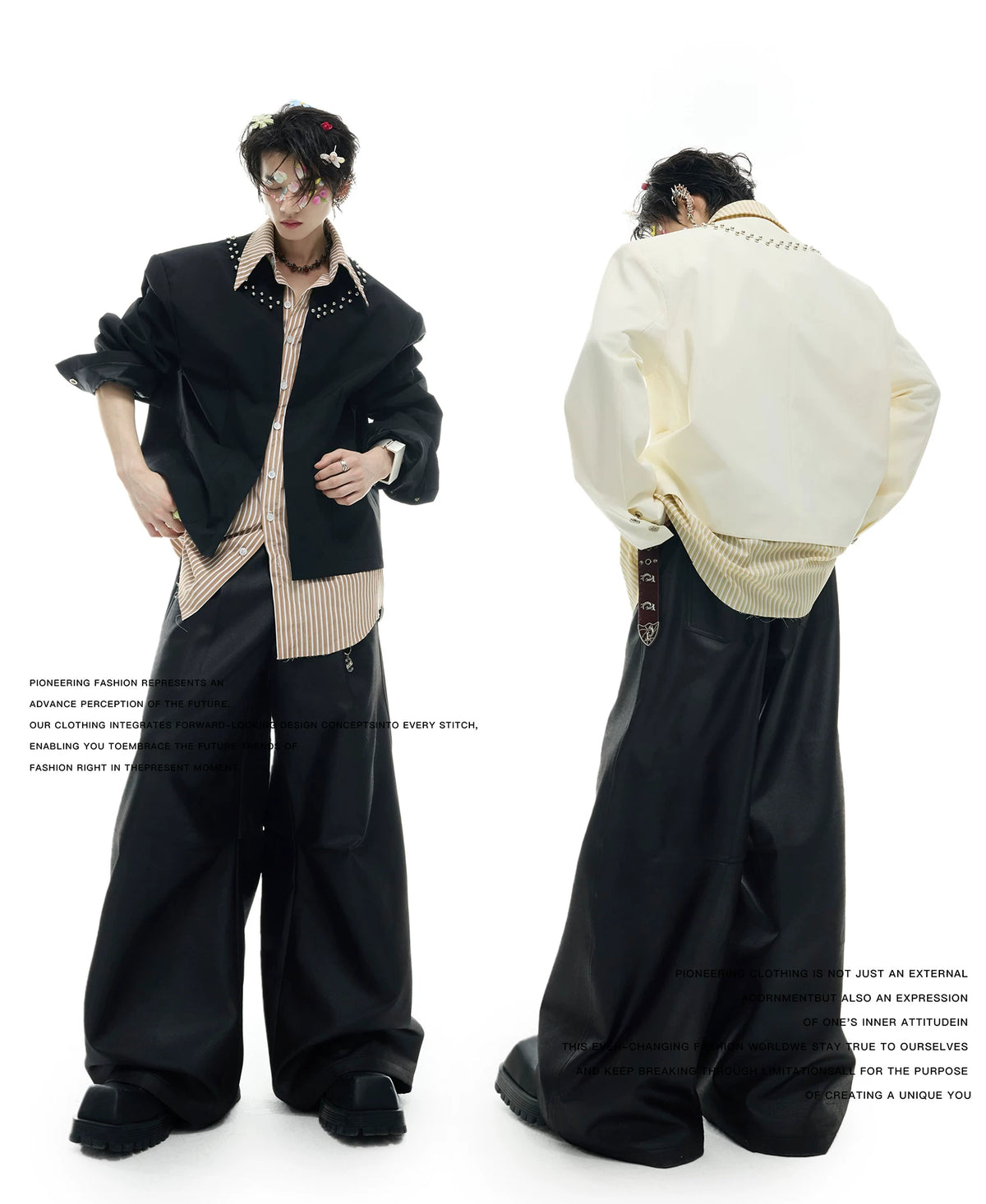 Faux Two-Piece Striped Shirt with Studded Collar Details - description image 2