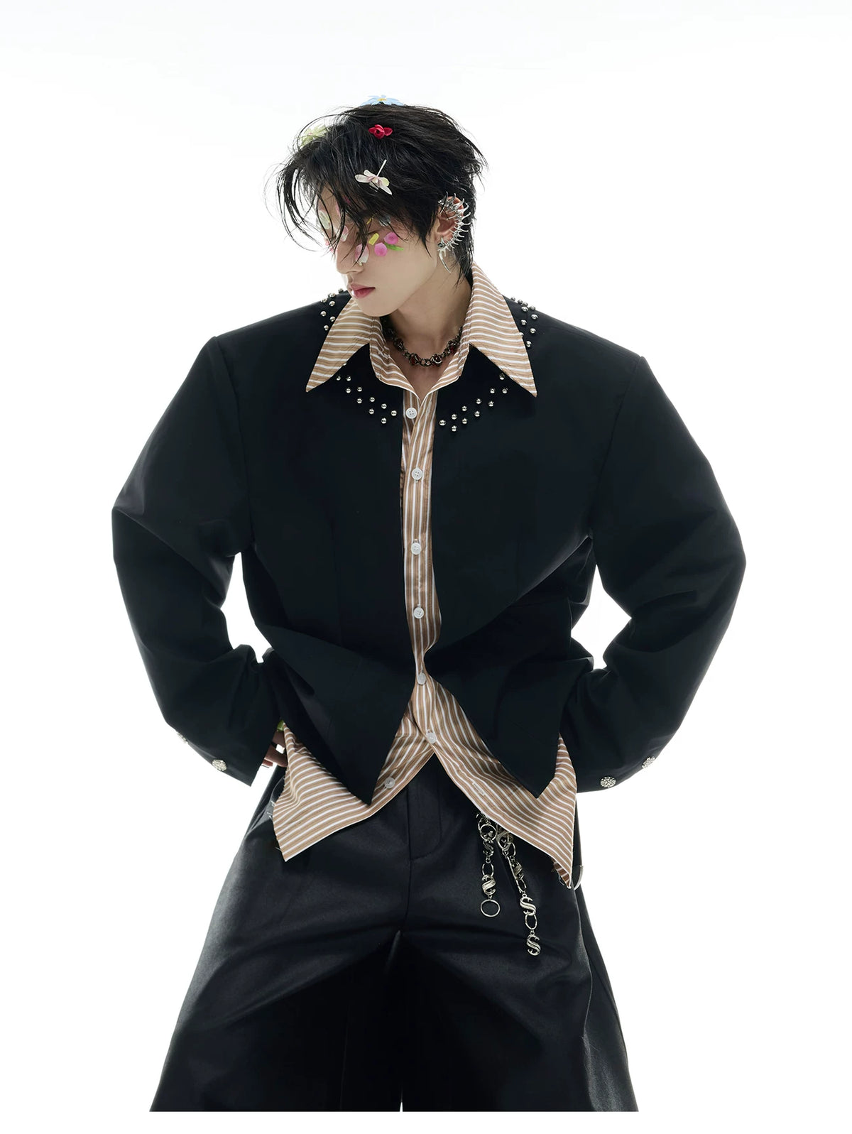 Faux Two-Piece Striped Shirt with Studded Collar Details - description image 3
