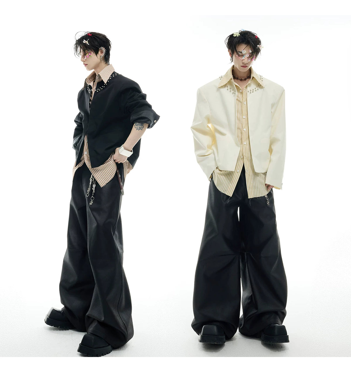 Faux Two-Piece Striped Shirt with Studded Collar Details - description image 4